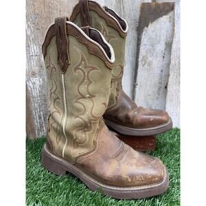 Justin Gypsy Square Toe Brown Leather Green Shaft Western Women's Boots Size 8B
